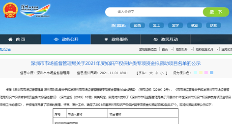 通知| 深圳市2021年度知识产权保护类专项资金拟资助项目名单的公示